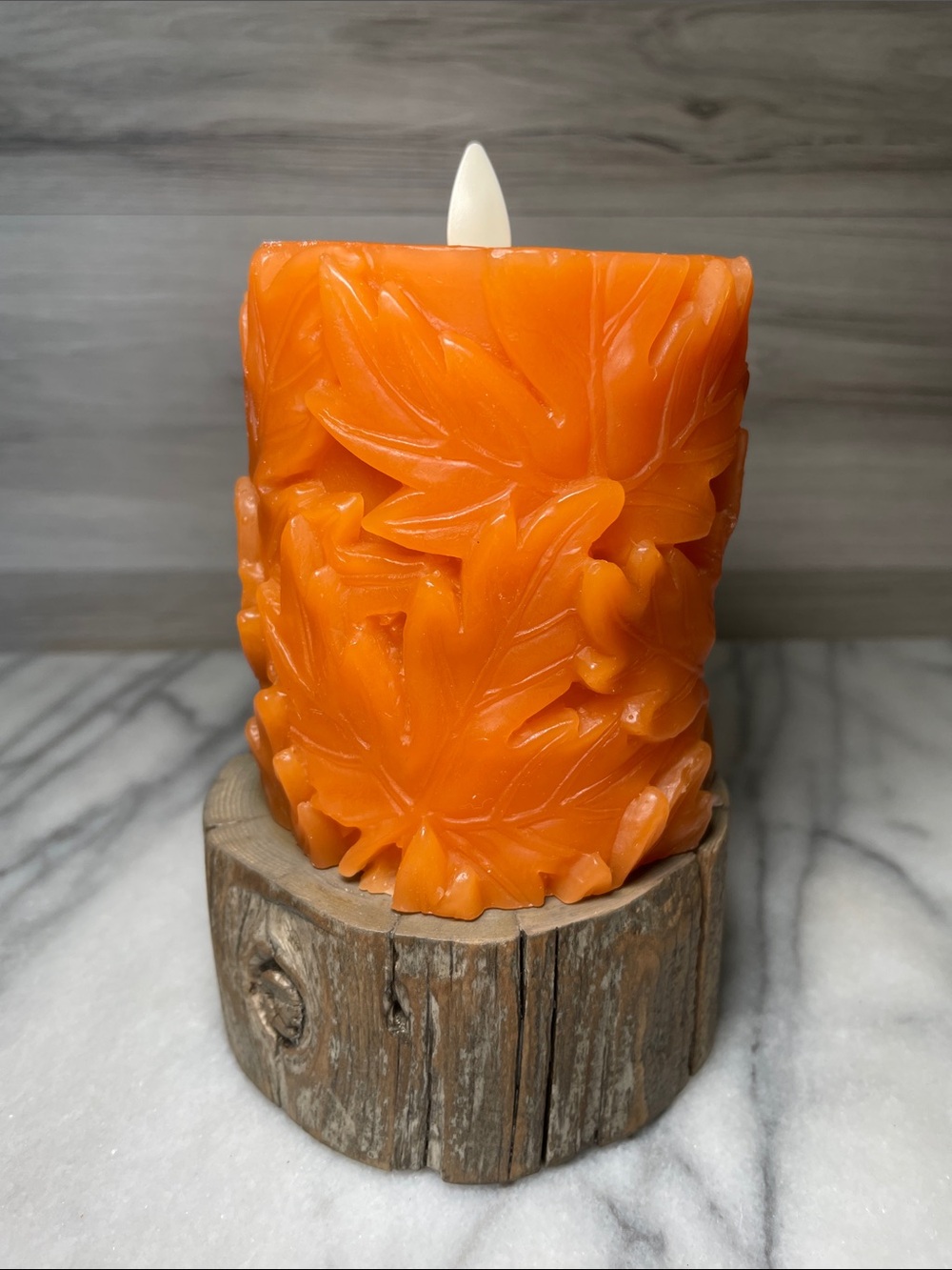 NIB- Luminara Embossed Real Wax Flameless LED Pillar Candle, Leaves, Orange - Picture 3 of 10